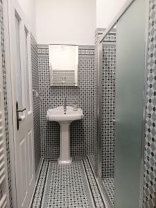 een badkamer met een wastafel, een spiegel en een douche bij Apartmán Fara in Včelákov