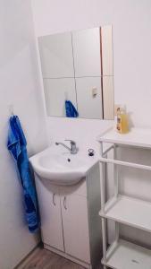 a white bathroom with a sink and a mirror at Penzion u Karla 