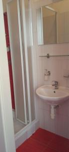 bagno con lavandino e doccia con specchio di Penzion Gremium a Bratislava