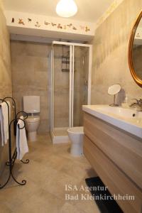 Un baño con ducha, inodoro y lavabo. en JODLER - Apartment in top central position, en Bad Kleinkirchheim