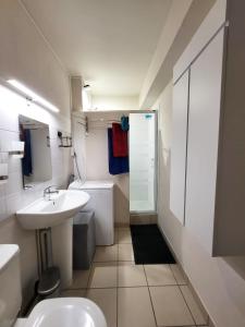 La salle de bains est pourvue d'un lavabo, de toilettes et d'une douche. dans l'établissement DL LES 4 SAISONS - Meublé Tourisme 3 Etoiles, à Brive-la-Gaillarde