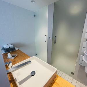 a bathroom with a sink and a shower at Hotel Restaurant Santiago in Hendaye