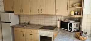 a kitchen with a microwave oven and a stove at Die Ferienwohnung "Am Kietz" in Schwedt