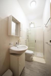 La salle de bains est pourvue d'un lavabo, de toilettes et d'une douche. dans l'établissement Petracuzza casa vacanze, à Tortora