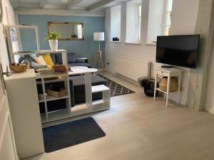 Hafenkoje Husum في هوسوم: غرفة معيشة مع تلفزيون وأريكة