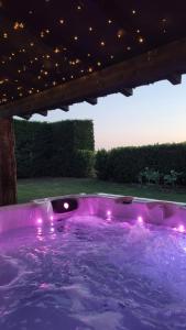 una vasca idromassaggio con illuminazione viola sotto un pergolato di Au Do'Mayne des Bouilles - Spa & Piscine a Lussac