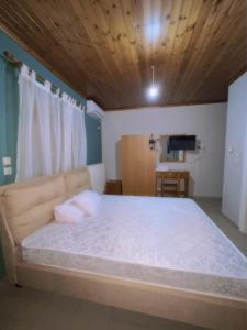 1 dormitorio con 1 cama grande y techo de madera en KIRKOS “PORTO” en Samotracia