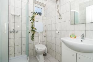 La salle de bains est pourvue de toilettes et d'un lavabo. dans l'établissement Apartments Lily, à Batalaži