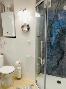 a bathroom with a toilet and a glass shower at Apartament Morski in Jarosławiec