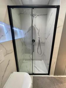 a shower with a glass door in a bathroom at Birutės parko apartamentai in Palanga