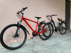 duas bicicletas estão estacionadas ao lado de uma parede em Green Tianeti em Tʼianetʼi