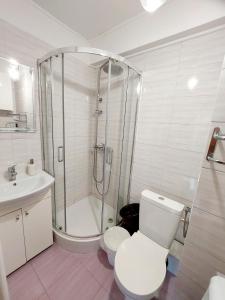 a bathroom with a shower and a toilet and a sink at Mieszkanie przy Kanale Łuczańskim in Giżycko