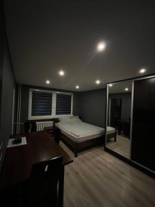 a bedroom with a bed and a mirror and a table at Apartament Klimatyzacja nr 1 in Radom