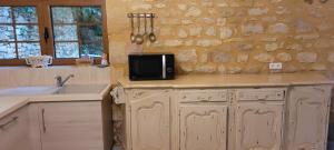 a kitchen with a sink and a microwave on a counter at La Grange, Le Domaine de Brugal in Carsac-Aillac