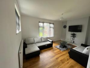 a living room with a couch and a tv at Cosy home near NEC, BHX Bullring & Solihull in Birmingham