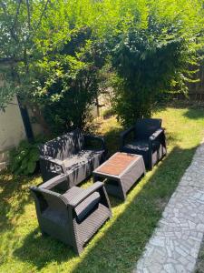 un groupe de chaises et de tables dans l'herbe dans l'établissement Oasis House, à Hunedoara