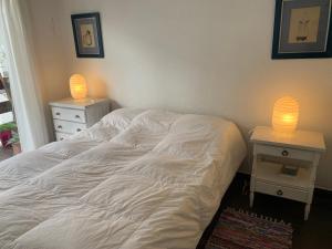 a bedroom with a bed with two night stands and two lamps at Lindo apartamento cerca del mar, Pinamar in Pinamar
