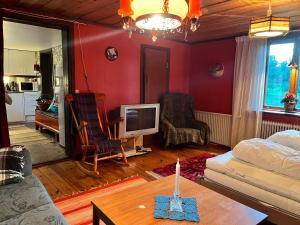 a living room with a couch and a tv at Christinagårdens stuga in Ramsele