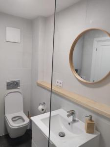 ein Badezimmer mit einem Waschbecken, einem WC und einem Spiegel in der Unterkunft Apartamento pequeño, coqueto y céntrico. in Cedeira