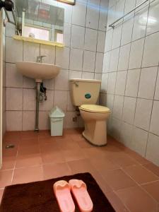 a bathroom with a toilet and a sink and a pair of slippers at Enoya Homestay III in Linbian