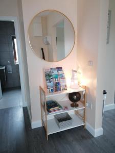 a bathroom with a mirror and a shelf with books at Atlantic way Apartment in Sligo