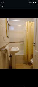 a bathroom with a sink and a shower curtain at Apartamentos Santa Rosa PB3 in Cordoba