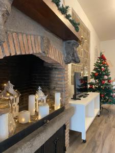 a living room with a fireplace with a christmas tree at L'Albero della Vita in Viterbo