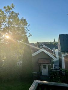 諾爾泰利耶的住宿－Villa i Norrtälje，阳光照耀着树的房子