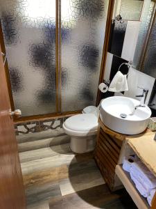 W łazience znajduje się toaleta, umywalka i prysznic. w obiekcie Cabañas Los Fabianes w mieście Castro