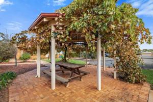 a wooden bench under a gazebo in a park at Adorable-secure 3 bedroom holiday home with Pool around the corner from The Miners Rest. in Kalgoorlie