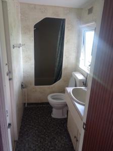 a bathroom with a toilet and a sink and a mirror at Domek pod Jesionem in Bystrzyca Kłodzka