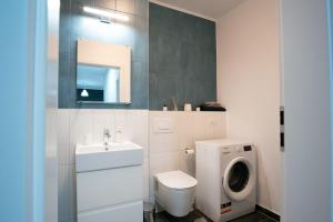 a bathroom with a toilet and a sink and a washing machine at Apartament Nord One in Timişoara +19 photos