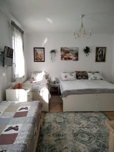 Habitación con 3 camas, TV y sofá. en ECO-LUX APART with free bicycles end free parking en Liubliana
