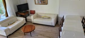 ein Wohnzimmer mit einem Sofa und einem TV in der Unterkunft Antibes with pool, terrace & private garden, 250 mt from sandy Plage de la Salis in Antibes