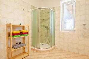 un bagno con doccia con porta in vetro di Apartmány Domek u lesa a Bítov