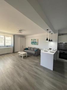 a large living room with a couch and a kitchen at LS Lake Apartment Mamaia Nord in Mamaia Sat/Năvodari
