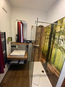 a bathroom with a sink and a glass shower at Hotel Friedchen mit eigener Fleischerei in Artern