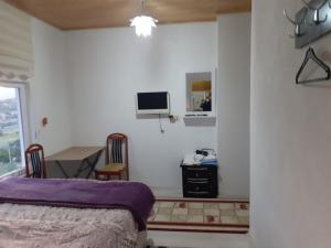 a bedroom with a bed and a desk and a television at Salda Gölü Çeliköz Apart in Yeşilova