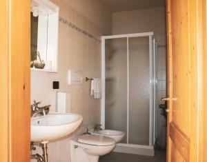 W łazience znajduje się toaleta, umywalka i prysznic. w obiekcie hotel Parco Pineta w mieście Cavareno