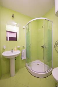 a bathroom with a glass shower and a sink at Apartments Bokan in Cetinje