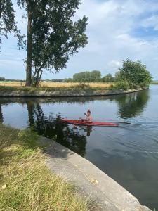 een man roeit een boot op een rivier bij Huisje aan de Schelde in Spiere