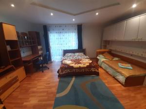 a bedroom with two beds and a couch in it at 2Rivers in Săsciori