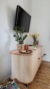 a tv on top of a wooden cabinet with plants on it at Vintage Anna Apartment in Kuldīga