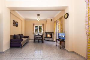 ein Wohnzimmer mit einem Sofa und einem Kamin in der Unterkunft Olive Garden Vila in Exopoli