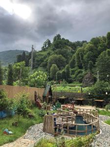 un jardín con piscina en medio de un patio en Afara Bungalows Otel & Cafe en Rize