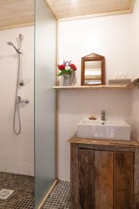 La salle de bains est pourvue d'un lavabo et d'une douche. dans l'établissement Muhu Namaste, à Simisti