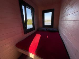 a red bed in a room with two windows at AQUA Bērzgale in Bērzgale