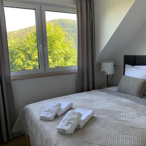 Postel nebo postele na pokoji v ubytování Osada Szczyrk - prywatna sauna & jacuzzi