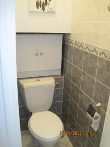 a bathroom with a toilet with a cabinet above it at naturiste in Cap d'Agde