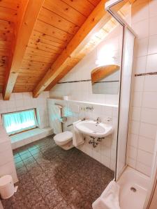 a bathroom with a toilet and a sink at Kaiserhof in Reit im Winkl +195 photos